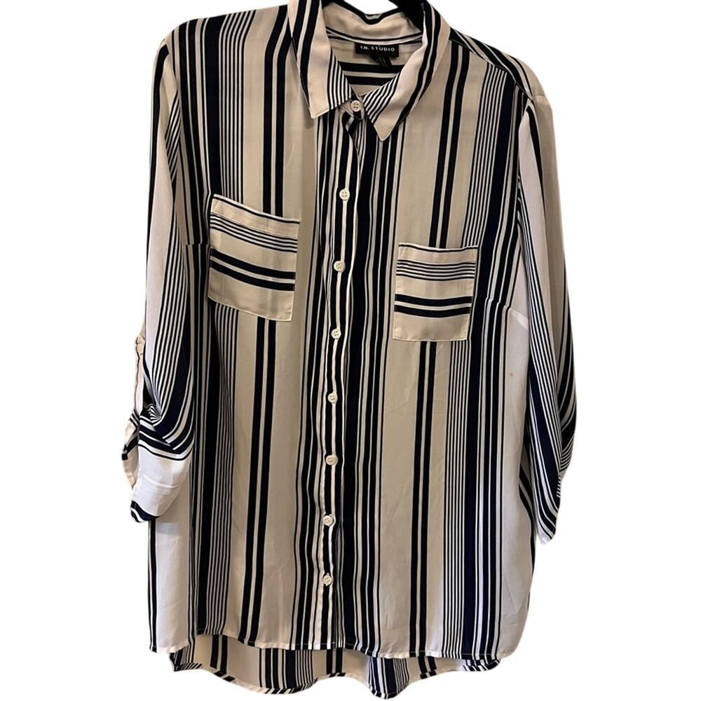 I.N. Studio 3/4 sleeve striped blouse navy blue & white